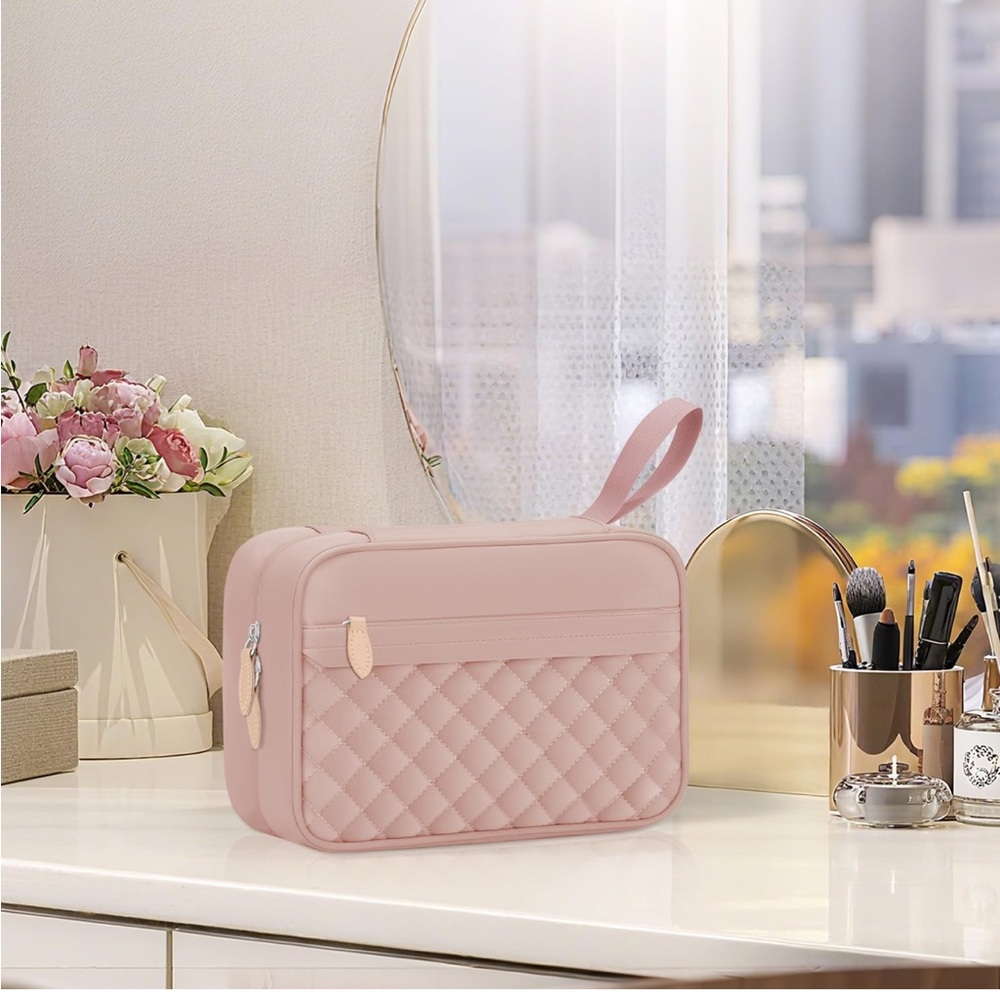 Blush Quilted Travel Cosmetic Bag with Wrist Strap